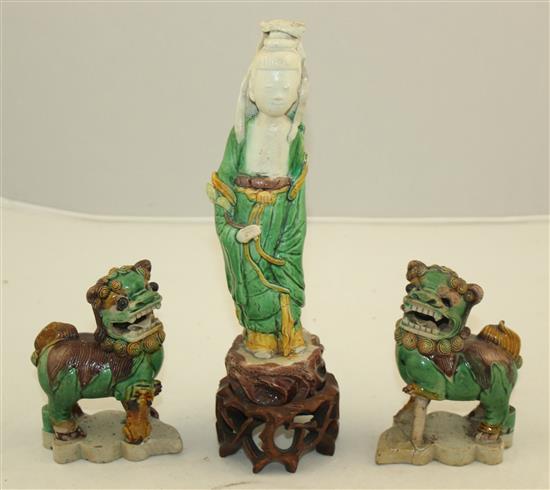 Three Chinese Sancai glazed biscuit figures, early 18th century, 10cm, one Buddhist lion restored, all with wood stands